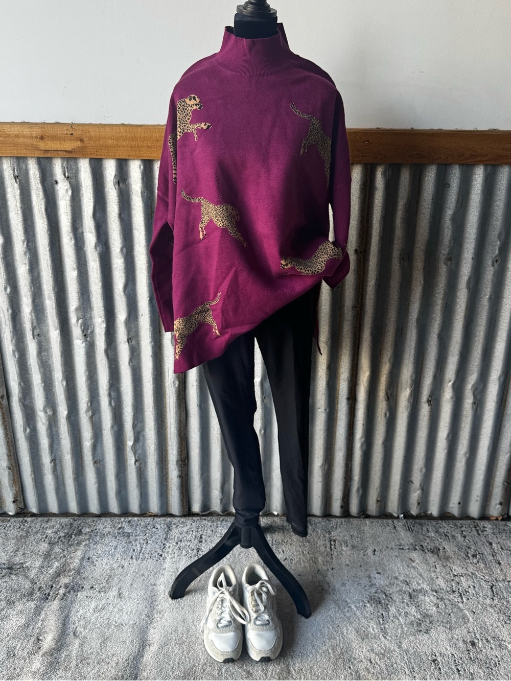 Burgundy Leopard-Print Mock Neck Sweater